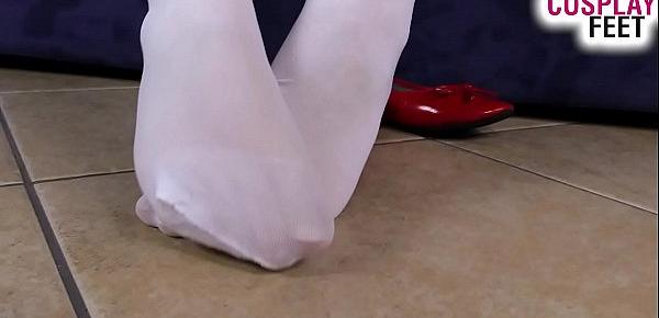  Hot nurse in white stockings and red balletflats foot tease